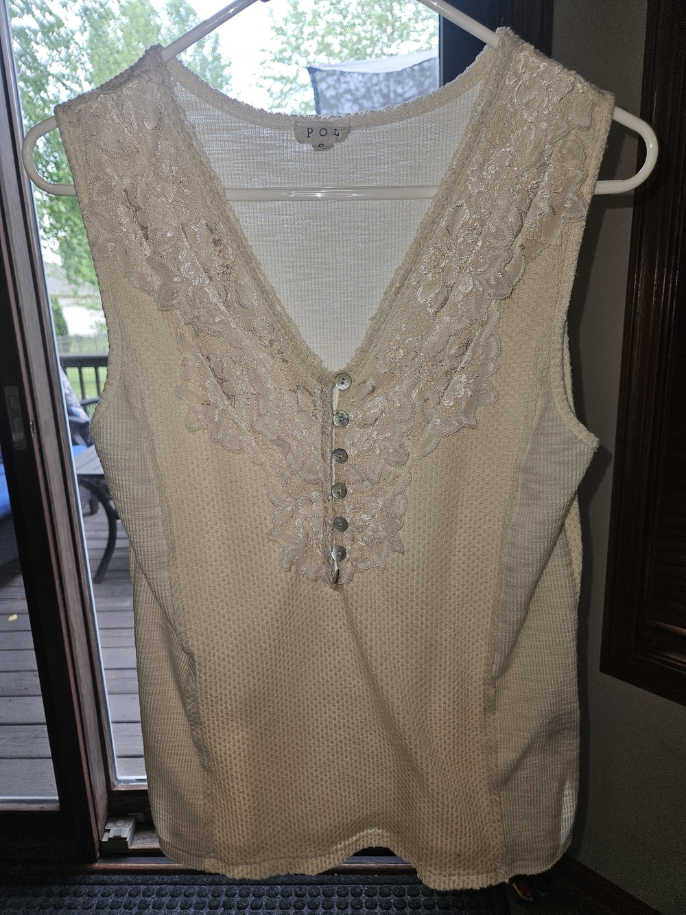 POL Cream Lace-Trim V-Neck Button Front Tank